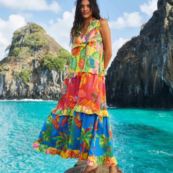 NWT $240 FARM RIO Mixed Prints Tiered Tropical Print Maxi Dress in size Small! - Picture 1 of 8